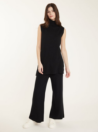 Sleeveless Ribbed Knit Turtle Neck with Split Sides