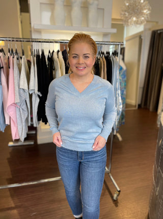 Cotton Cashmere Frayed Edge V-Neck