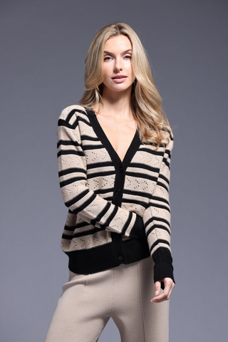Cotton Cashmere Striped Pointelle Cardi