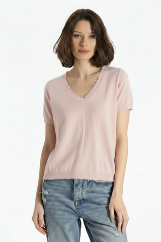 Cotton Cashmere Frayed V Tee