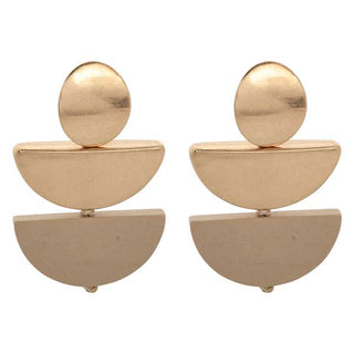 Pair of gold earrings with geometric design on a white background