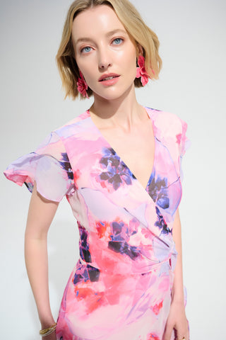 Chiffon Print Wrap Dress With Ruffle Detail