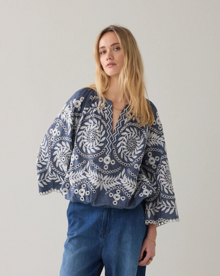 Chambray top with embroidery