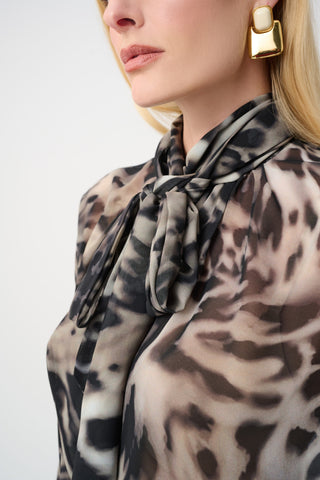 Animal Print Sheer Tie Neck Blouse