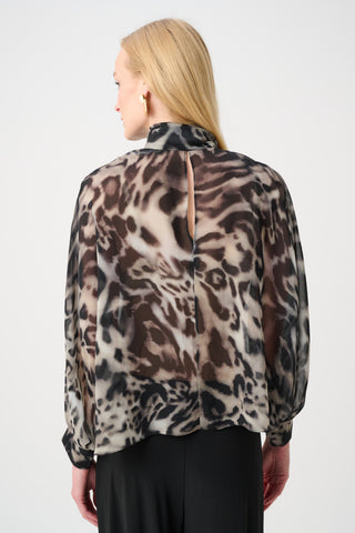 Animal Print Sheer Tie Neck Blouse