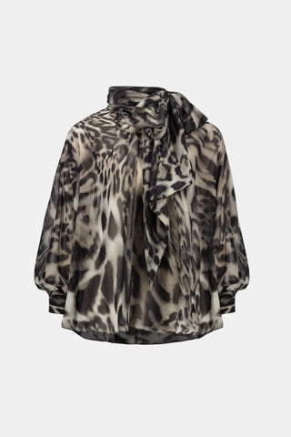 Animal Print Sheer Tie Neck Blouse