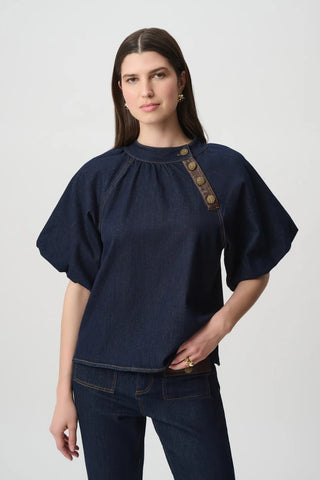 Featherweave Balloon-Sleeve Denim Top