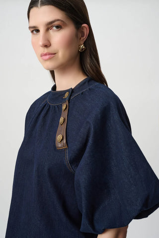 Featherweave Balloon-Sleeve Denim Top