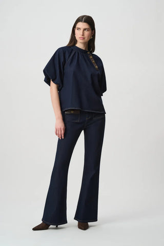 Featherweave Balloon-Sleeve Denim Top