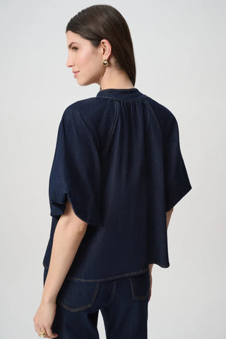 Featherweave Balloon-Sleeve Denim Top