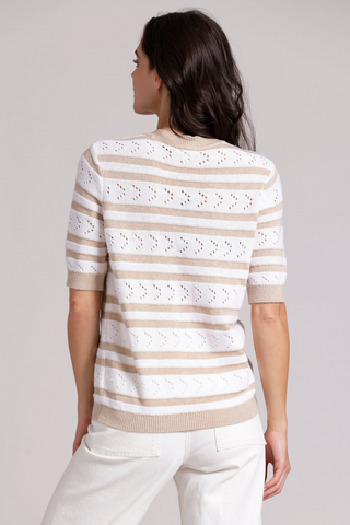 Cotton Cashmere Striped Pointelle Short Sleeve Crew
