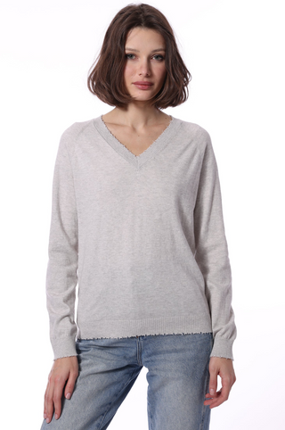 Cotton Cashmere Frayed Edge V-Neck