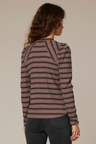 Long Puff Sleeve Scoop Neck Striped Knit Top