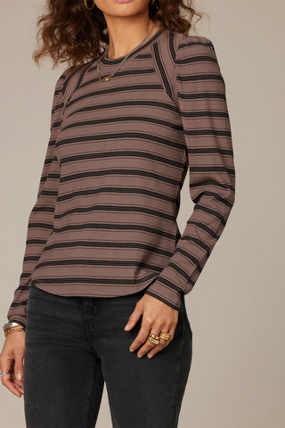 Long Puff Sleeve Scoop Neck Striped Knit Top