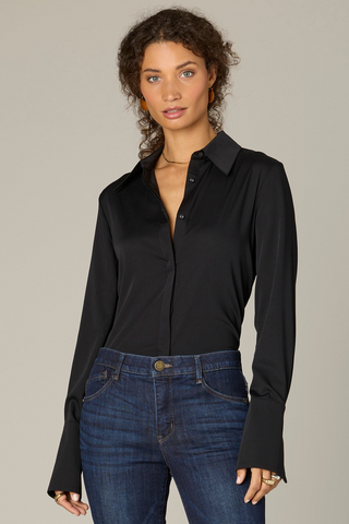 Long French Cuff Sleeve Button Down Woven Top