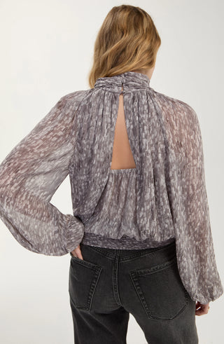 Long Sleeve Shirred Mock Neck Woven Top
