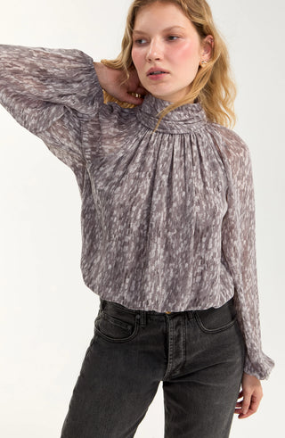 Long Sleeve Shirred Mock Neck Woven Top