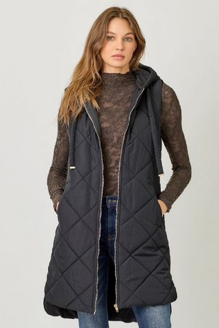 Quilted Puffer Long Hoodie Vest