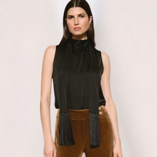 Tie Neck Top With Fringe