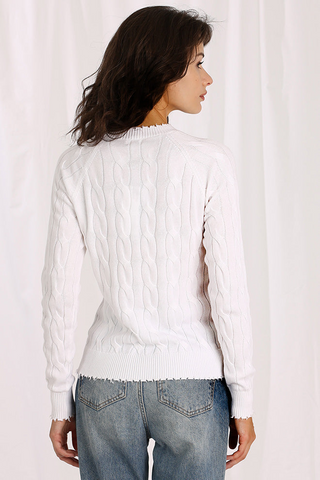 Cotton Cable Long Sleeve Crew with Frayed Edges