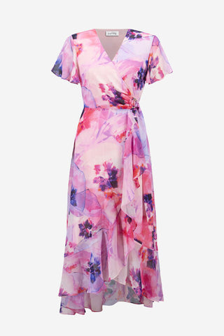 Chiffon Print Wrap Dress With Ruffle Detail