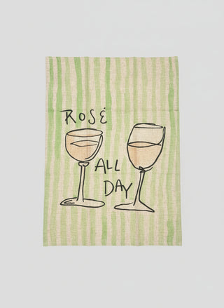 Tea towel with wine glass design and text 'Rose All Day' on a striped background